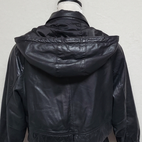 VINTAGE 80s Zenia Black Leather Hooded Tie-Waist Thermolite Lined Layered Jacket - Picture 13 of 16